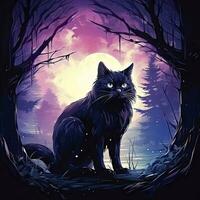 ai généré noir chat dans éclairé par la lune forêt. aquarelle pour T-shirt conception. ai généré photo