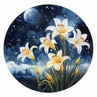 ai généré aquarelle Fée fleurs de lys épanouissement en dessous de une étoilé nuit ciel sur une blanc Contexte. ai généré photo