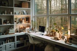 ai généré photo de une moderne Accueil Bureau installer avec une lisse bureau et ordinateur. génératif ai