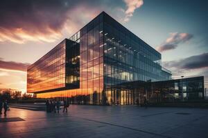 ai généré photo de une entreprise bâtiment avec une verre façade à le coucher du soleil. génératif ai