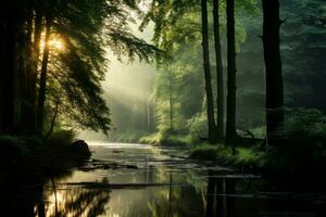 ai généré photo de une serein forêt paysage avec brumeux Matin lumière. génératif ai