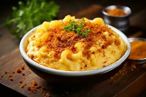 ai généré photo de une délectable bol de crémeux macaroni et fromage avec une croustillant miette de pain Garniture. génératif ai