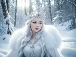 ai généré neige reine avec couronne dans neige dans hiver forêt ai produire photo