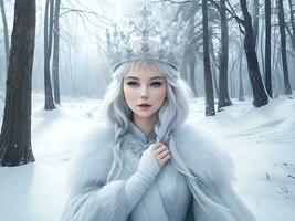 ai généré neige reine avec couronne dans neige dans hiver forêt ai produire photo