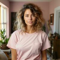 ai généré femme dans une rose chemise établi avec génératif ai La technologie photo