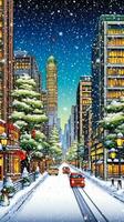 ai généré Noël paysage urbain pendant chute de neige. coloré ville sur le veille de le Nouveau an. photo