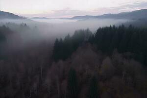 ai généré brumeux brumeux Montagne paysage avec sapin forêt et fond dans ancien rétro branché style. neural réseau ai généré photo