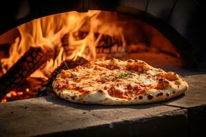 ai généré photo de une Pizza étant tiré en dehors de une au feu de bois four. génératif ai