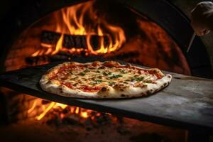 ai généré photo de une Pizza étant tiré en dehors de une au feu de bois four. génératif ai