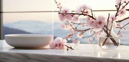 ai généré Cerise fleurs épanouissement sur une blanc table avec une vase de l'eau photo