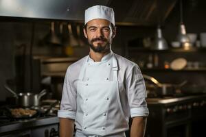 ai généré une Masculin chef souriant et posant dans le cuisine photo