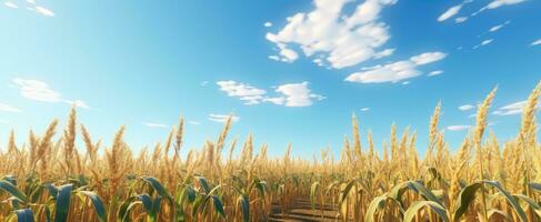 ai généré blé dans une champ avec bleu ciel derrière il photo