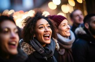 ai généré chorale de gens en chantant sur le rue dans hiver photo