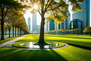 ai généré une paysage urbain avec une parc et une passerelle photo