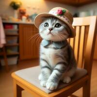 ai généré une mignonne chat dans une chapeau est séance sur une chaise ai produire photo