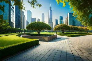 ai généré une paysage urbain avec une parc et une passerelle photo