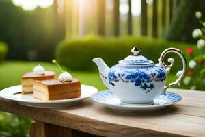 ai généré une bleu théière et une fraise gâteau sur une en bois table photo