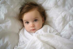 ai généré mignonne peu bébé fille mensonge sur lit à maison, Haut voir, une photo de une bébé mensonge dans lit avec une blanc couverture, ai généré