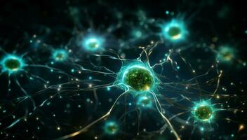 ai généré le visuel séduire de une neurone cellule réseau avec une palette de bleu et vert teintes photo