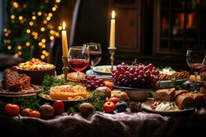 ai généré de fête table servi pour Noël dîner avec une variété de nourriture et vin, une photo de Noël table avec nourriture, ai généré