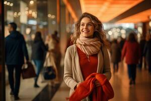 ai généré portrait de une souriant Jeune femme dans une rouge manteau et écharpe dans le achats centre commercial, numérique illustration de une femelle tête avec lumière Piste dans le front, une côté vue de une femme photo