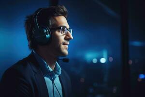 ai généré portrait de une Jeune homme avec une casque dans le nuit bureau, une image de une la personne en utilisant une casque, ai généré photo