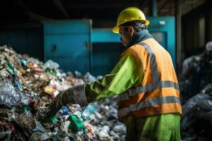 ai généré arrière vue de une Masculin ouvrier tri des ordures dans une recyclage usine, une ouvrier à une recyclage plante travaux, ai généré photo