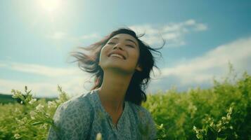 ai généré calme content souriant asiatique femme avec fermé yeux sur le des champs. gratuit, paix, magnifique moment concept photo