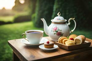 ai généré une bleu et blanc Chine théière et une tasse de thé sur une en bois table dans. généré par ai photo