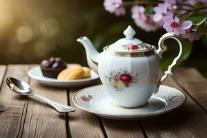 ai généré une bleu et blanc Chine théière et une tasse de thé sur une en bois table dans. généré par ai photo