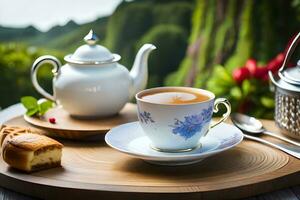 ai généré une bleu et blanc Chine théière et une tasse de thé sur une en bois table dans. généré par ai photo