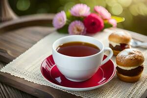 ai généré une bleu et blanc Chine théière et une tasse de thé sur une en bois table dans. généré par ai photo