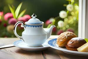 ai généré une bleu et blanc Chine théière et une tasse de thé sur une en bois table dans. généré par ai photo