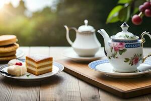 ai généré une bleu et blanc Chine théière et une tasse de thé sur une en bois table dans. généré par ai photo