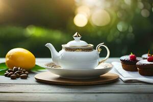 ai généré une bleu et blanc Chine théière et une tasse de thé sur une en bois table dans. généré par ai photo