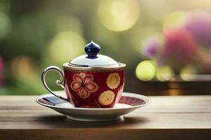 ai généré une bleu et blanc Chine théière et une tasse de thé sur une en bois table dans. généré par ai photo