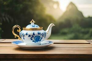 ai généré une bleu et blanc Chine théière et une tasse de thé sur une en bois table dans. généré par ai photo
