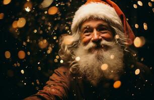 ai généré fermer portrait de une de bonne humeur Père Noël claus dans une rouge casquette. photo