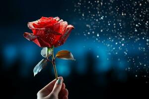 ai généré femelle main en portant une rouge Rose sur le Contexte de le nuit ville photo