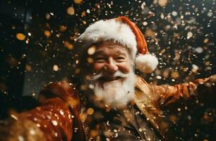 ai généré fermer portrait de une de bonne humeur Père Noël claus dans une rouge casquette. photo