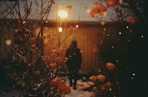 ai généré femme dans le hiver jardin à le coucher du soleil. hiver Contexte avec flocons de neige photo