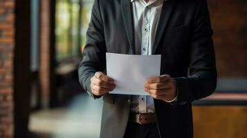 ai généré homme d'affaire en portant une document dans le sien mains. proche en haut. affaires concept. photo