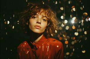 ai généré portrait de une magnifique fille avec frisé cheveux dans une rouge veste sur une foncé Contexte. photo