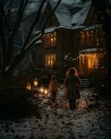 ai généré deux peu les filles avec lanternes marcher dans hiver forêt à nuit. photo
