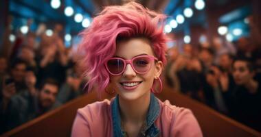 ai généré fille avec rose cheveux en portant téléphone intelligent prise une selfie à restaurant photo