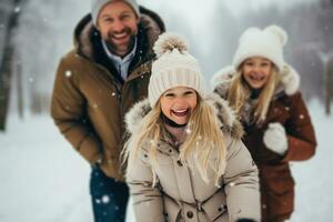 ai généré famille ayant amusement dans neige avec deux les enfants photo