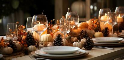 ai généré le table est ensemble avec nombreuses Orange citrouilles, pommes de pin et pin cônes photo