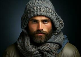 ai généré homme habillé chaleureusement dans une de laine chapeau et foulard. hiver temps. studio photo. ai généré photo