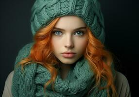 ai généré femme habillé chaleureusement dans une de laine chapeau et foulard. hiver temps. studio photo. photo
