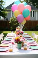 ai généré de fête table réglage avec coloré assiettes, et des ballons, prêt pour une amusement et animé anniversaire fête photo